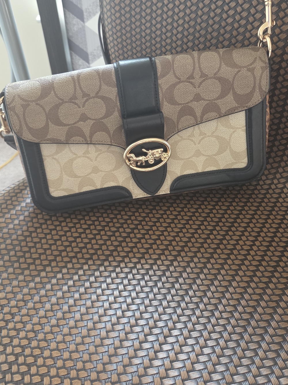 Coach Two-Tone Signature Canvas Crossbody in Brown and Cream, Snakeskin Trim